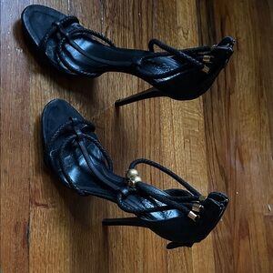 Alexander McQueen Black and Gold Strappy Heels